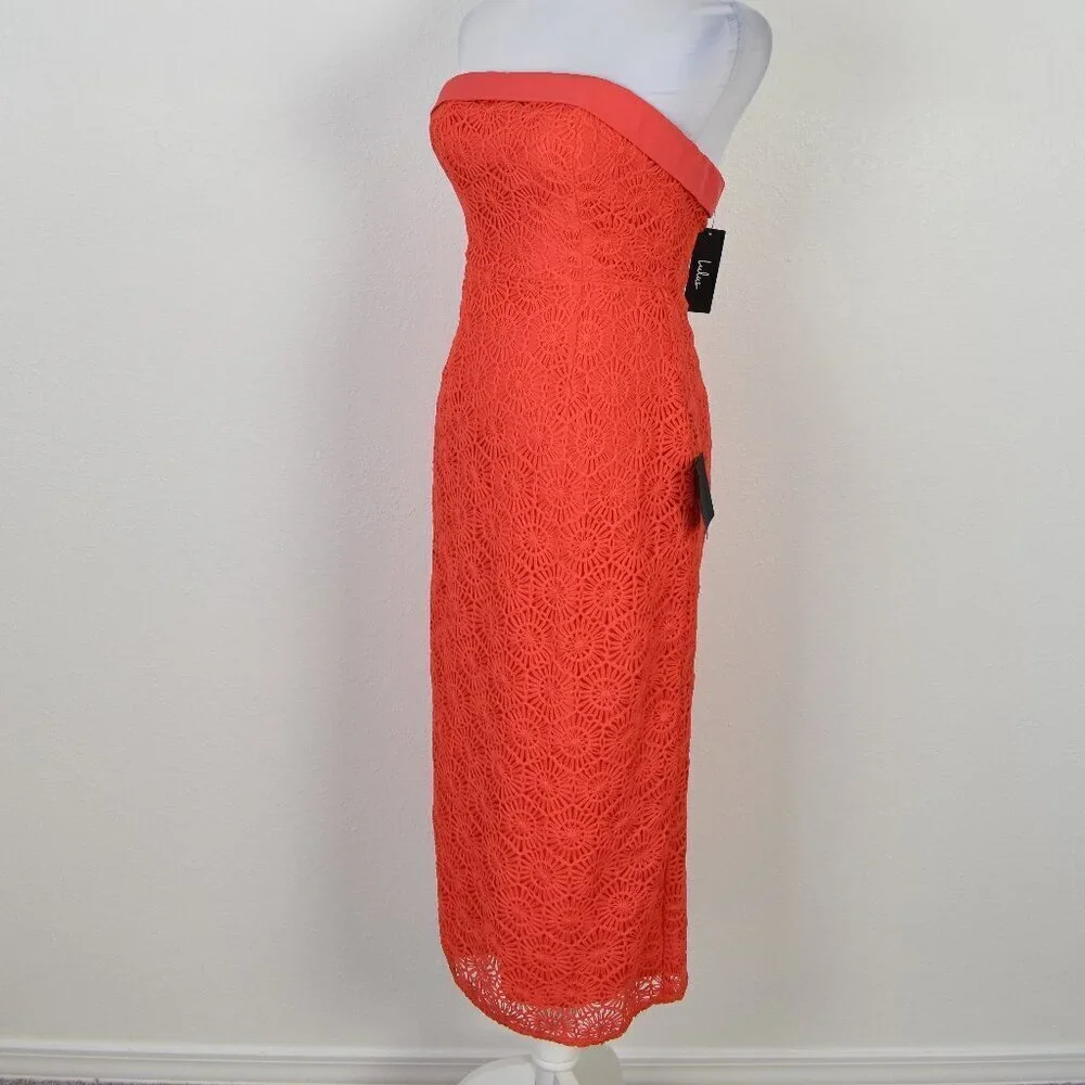 Lulu's Chic Intent Bright Red Crochet Textured Strapless Midi Dress NEW - XS - Picture 5 of 10